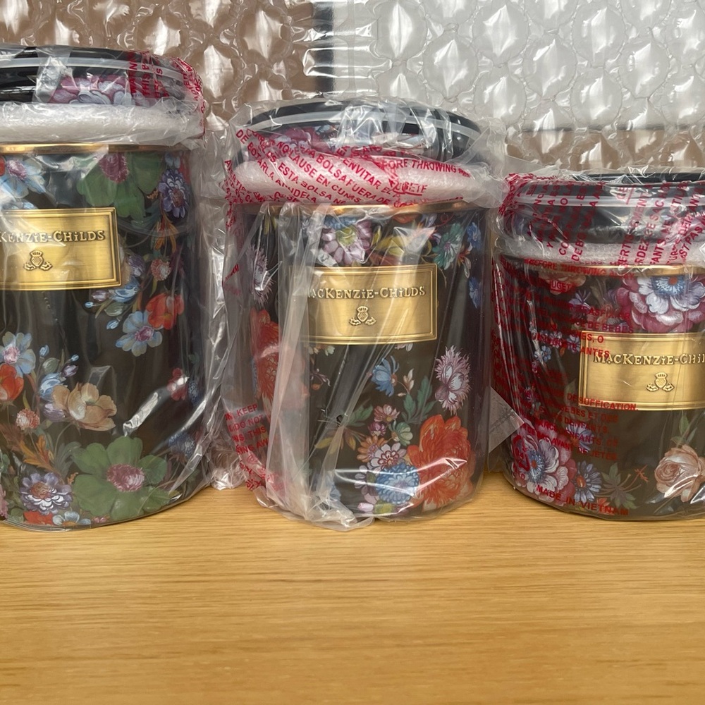 RETIRED & low stock MacKenzie-Childs Black Floral Canister set of 3 in a box - Picture 2 of 11